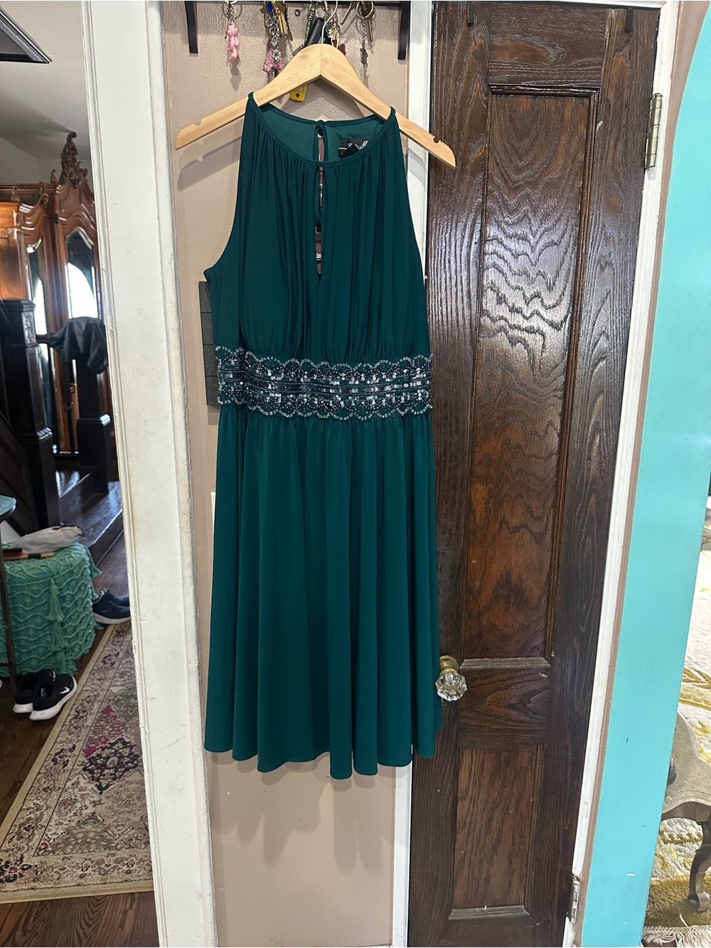 R&M Richards Teal Sleeveless Midi Dress with Beaded Waistband